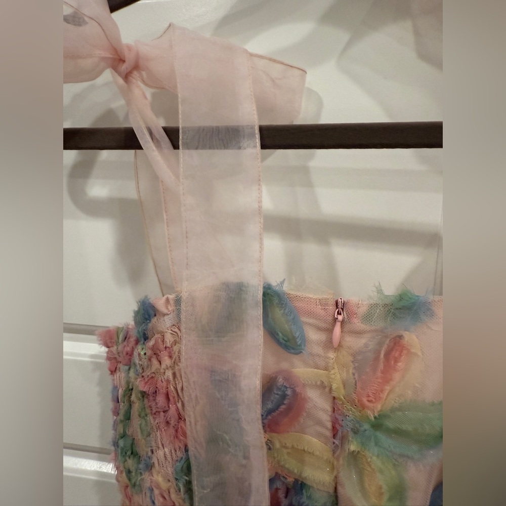 Day + Moon Blush Embroidered Floral Pastel Dress with Bow Straps - Picture 6 of 7